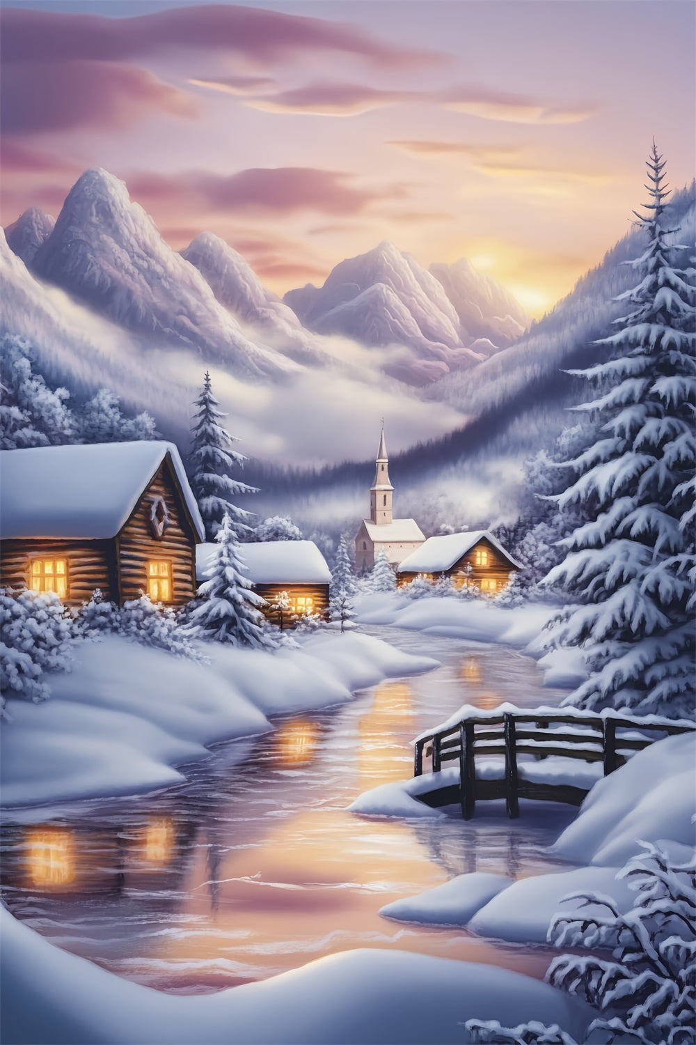 Winter Wonderland Backdrop Snowy Village Mountain Sunset Winter Backdrop LXX58-224