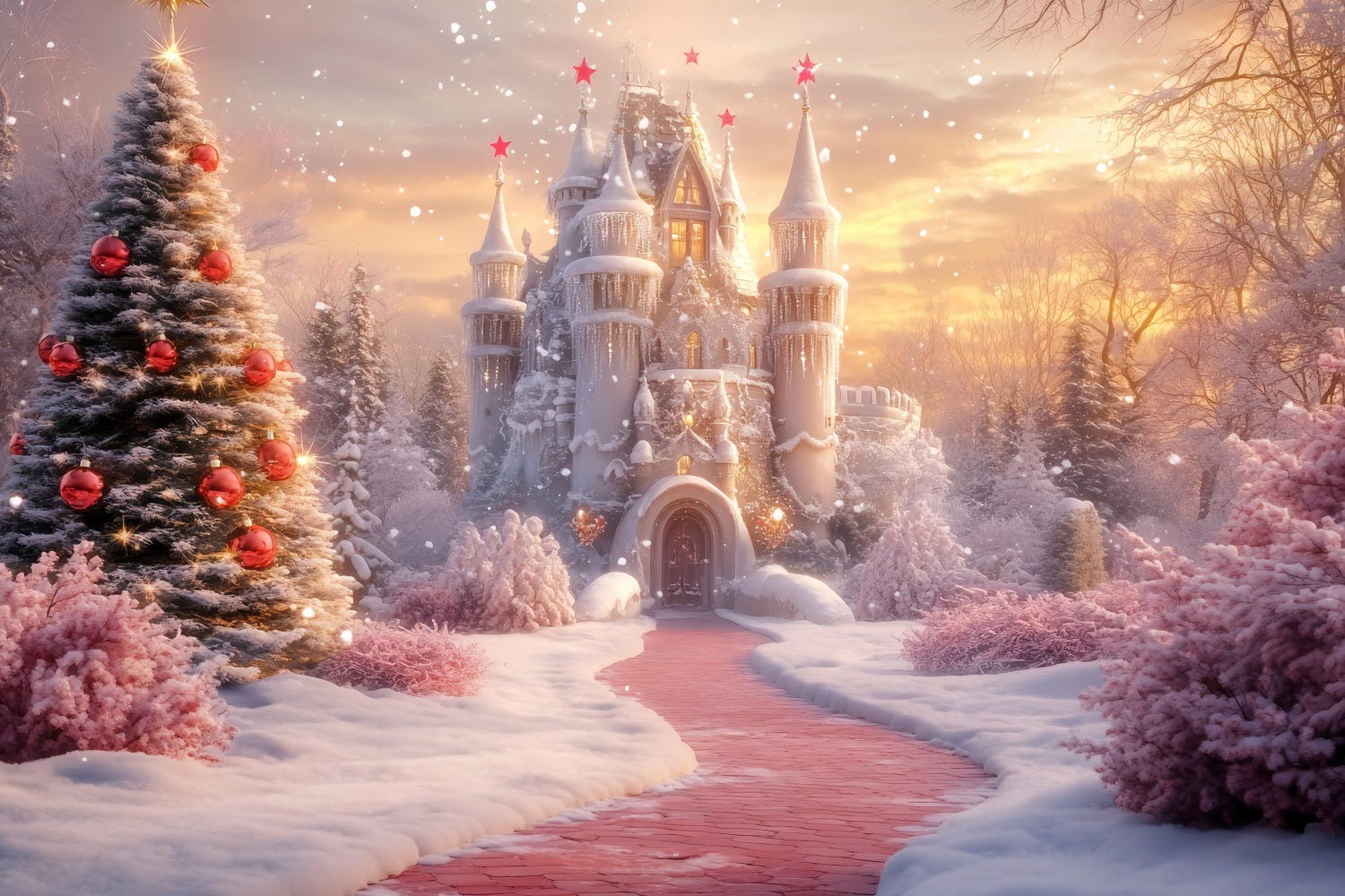Winter Wonderland Backdrop Christmas Castle Snow Path Winter Backdrop LXX58-228