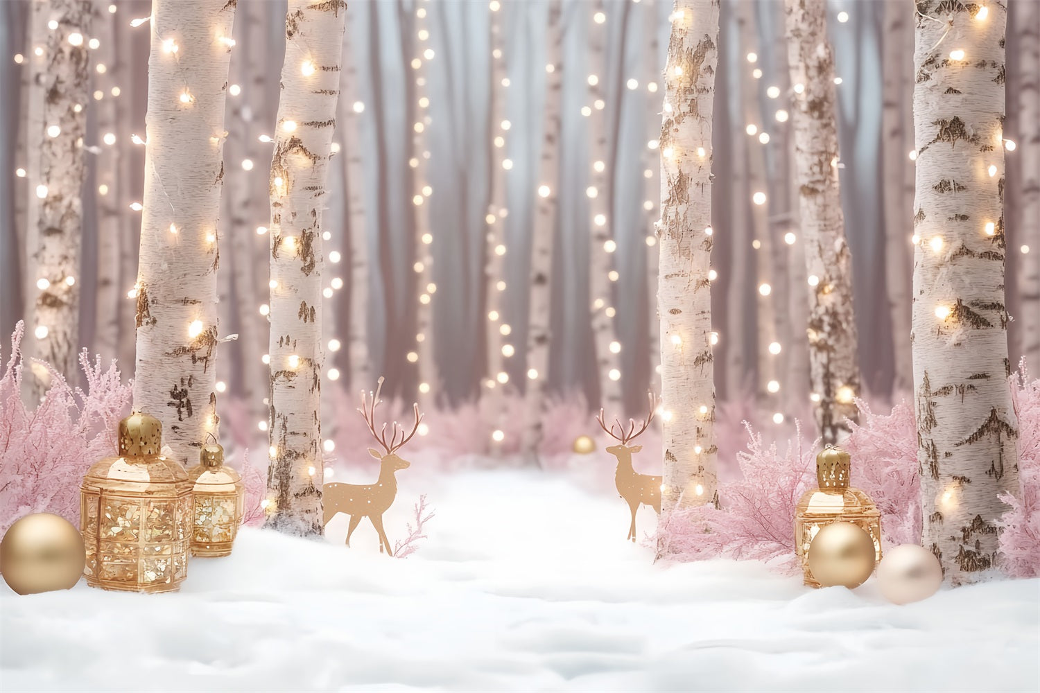 Winter Wonderland Backdrop Birch Forest Golden Lights Winter Photo Backdrop LXX58-229
