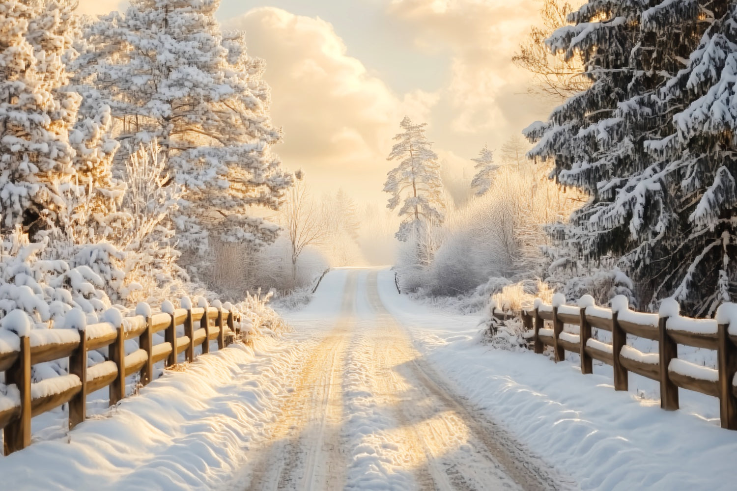 Winter Wonderland Backdrop Golden Sunrise Snowy Path Winter Scene Backdrop LXX58-232