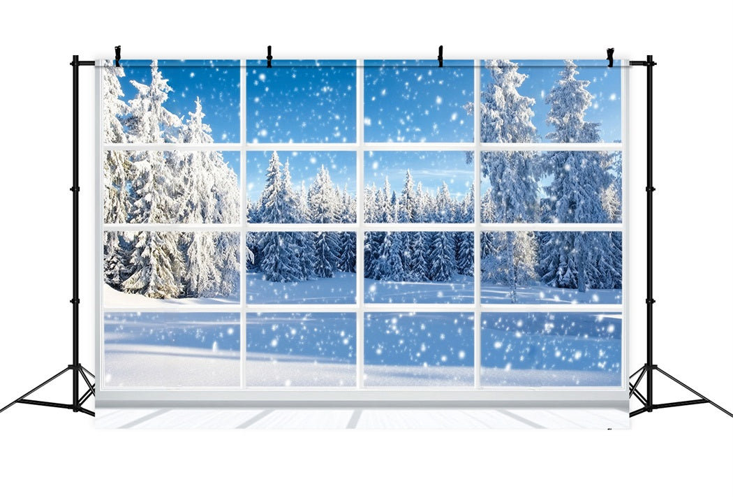 Winter Window Backdrop Falling Snow Pine Forest Winter Snow Backdrop LXX58-233