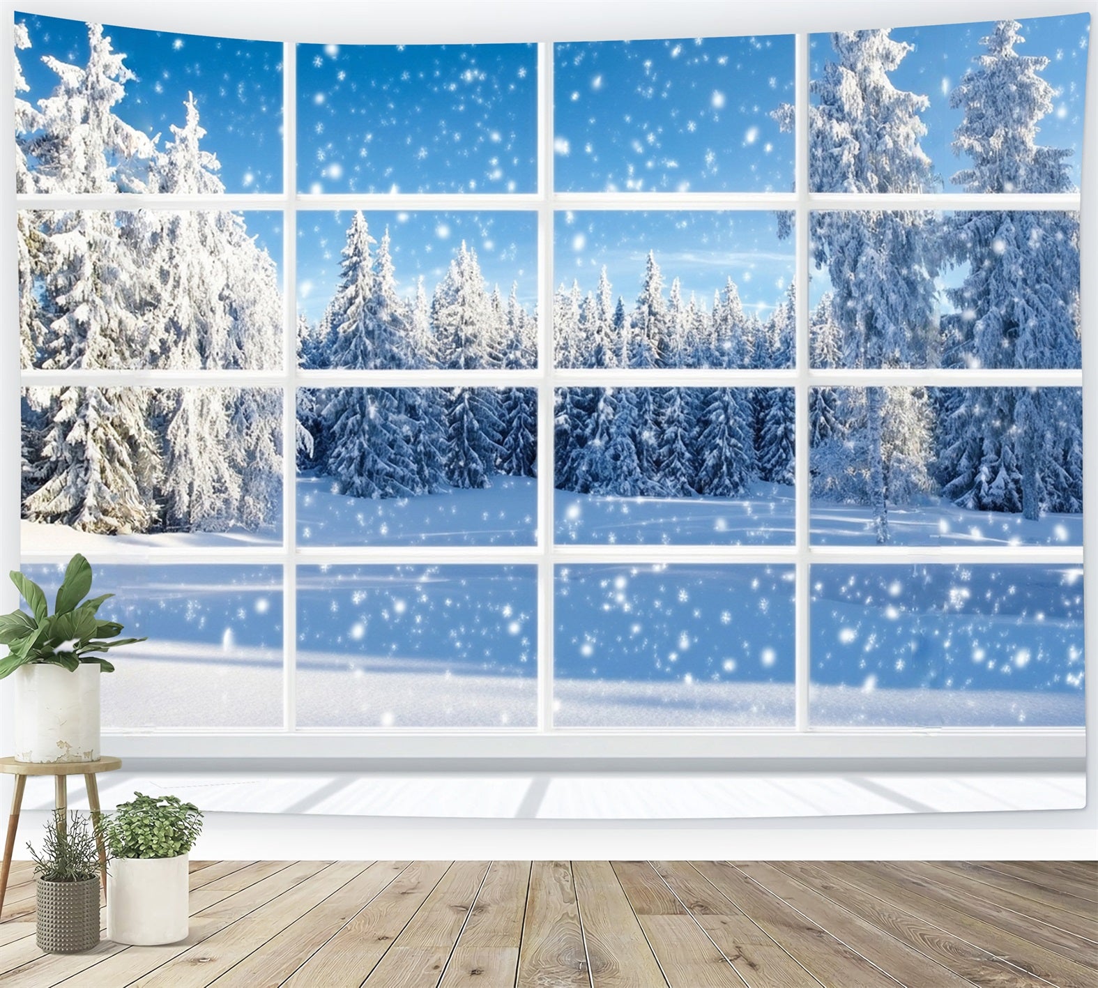 Winter Window Backdrop Falling Snow Pine Forest Winter Snow Backdrop LXX58-233