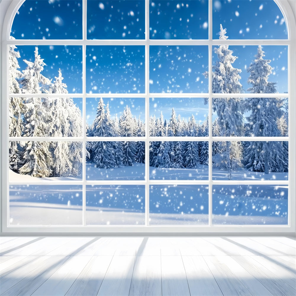 Winter Window Backdrop Falling Snow Pine Forest Winter Snow Backdrop LXX58-233