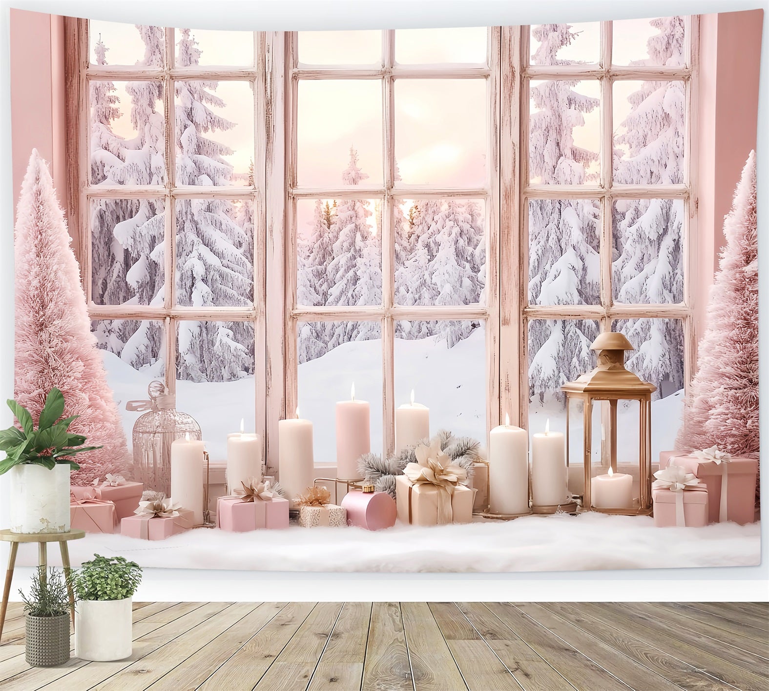 Winter Window Backdrop Pink Candlelight Frosted Window Winter Backdrop LXX58-234