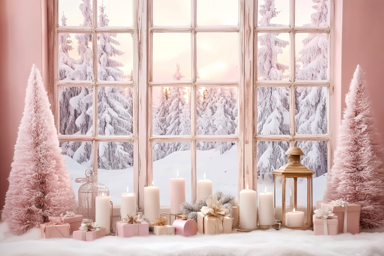 Winter Window Backdrop Pink Candlelight Frosted Window Winter Backdrop LXX58-234