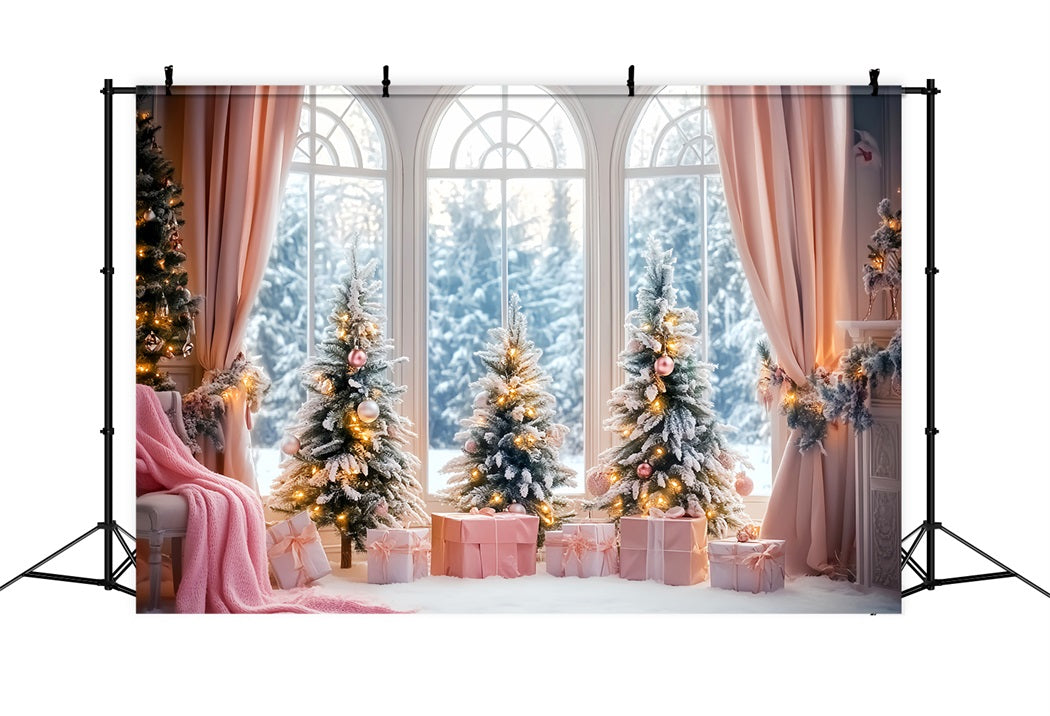 Winter Window Backdrop Pink Gift Frosted Christmas Trees Winter Backdrops LXX58-236
