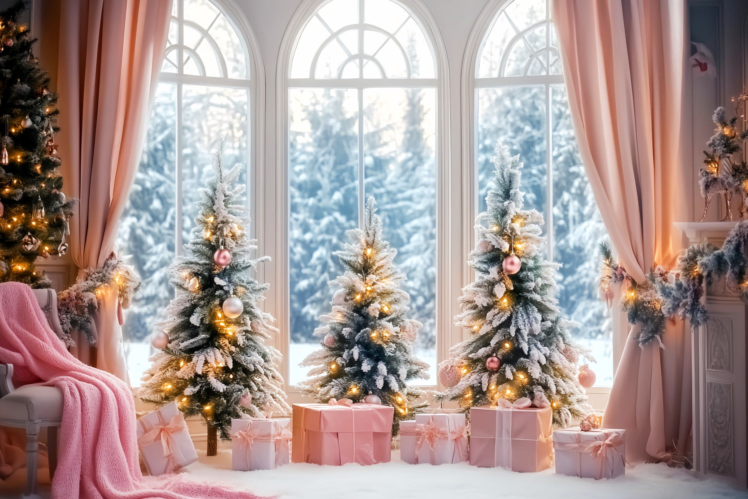 Winter Window Backdrop Pink Gift Frosted Christmas Trees Winter Backdrops LXX58-236