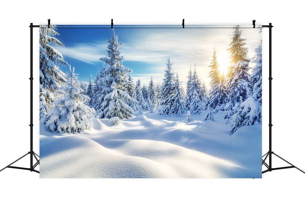 Forest Backdrop Golden Sunrise Snowy Forest Winter Wonderland Backdrops LXX58-239