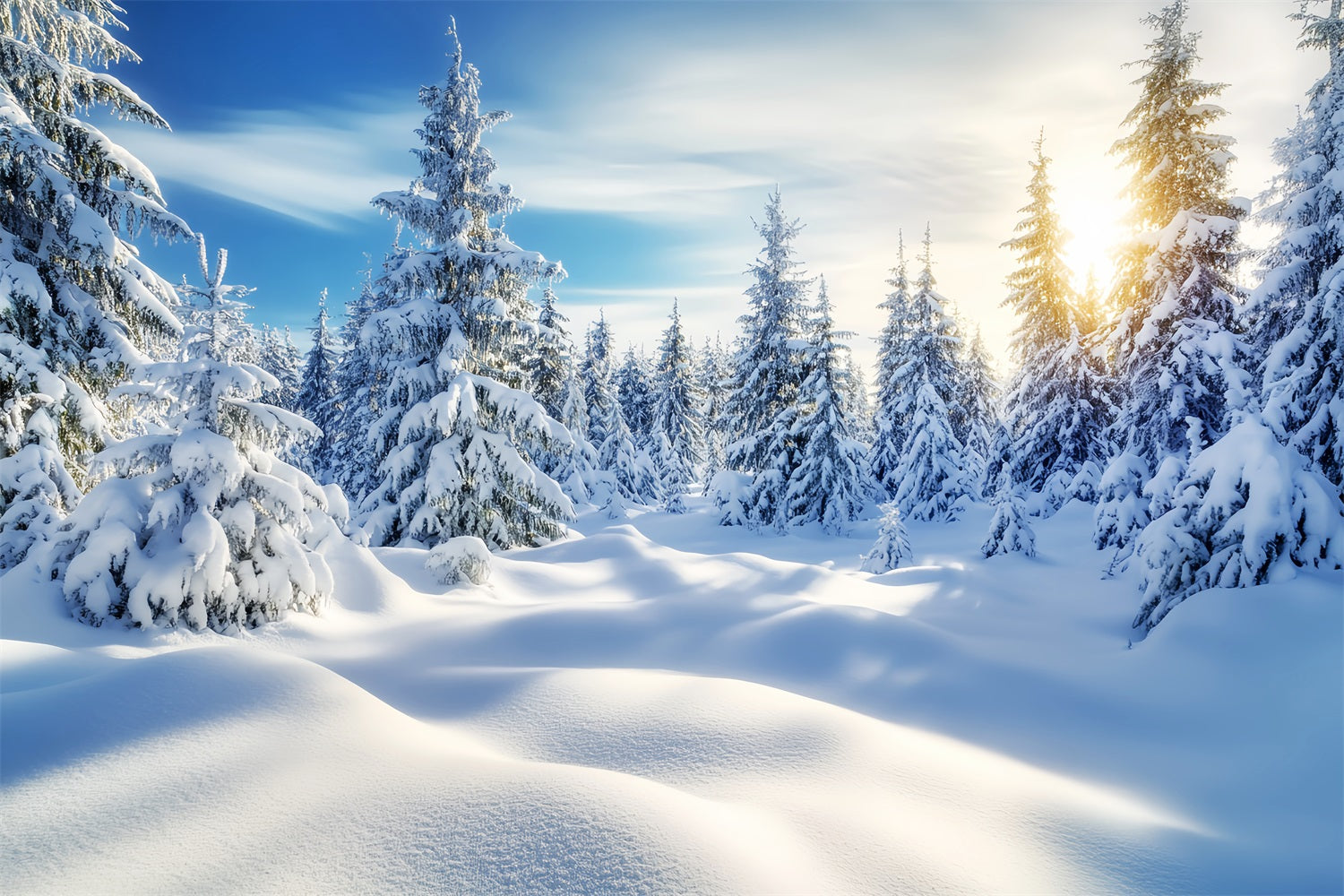 Forest Backdrop Golden Sunrise Snowy Forest Winter Wonderland Backdrops LXX58-239