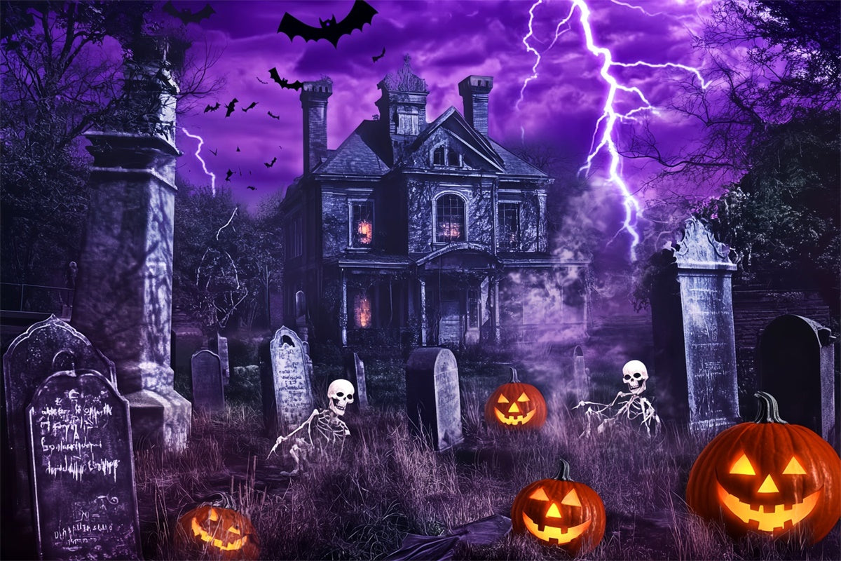 Halloween Graveyard Backdrop Purple Thunder Horror Backdrop LXX58-24