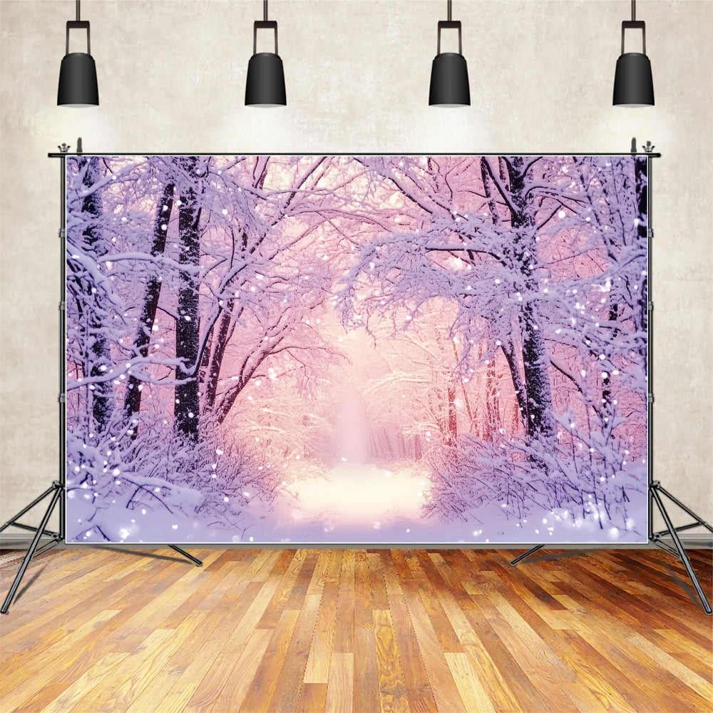 Forest Backdrop Pink Glow Snowy Forest Winter Snow Backdrop LXX58-240