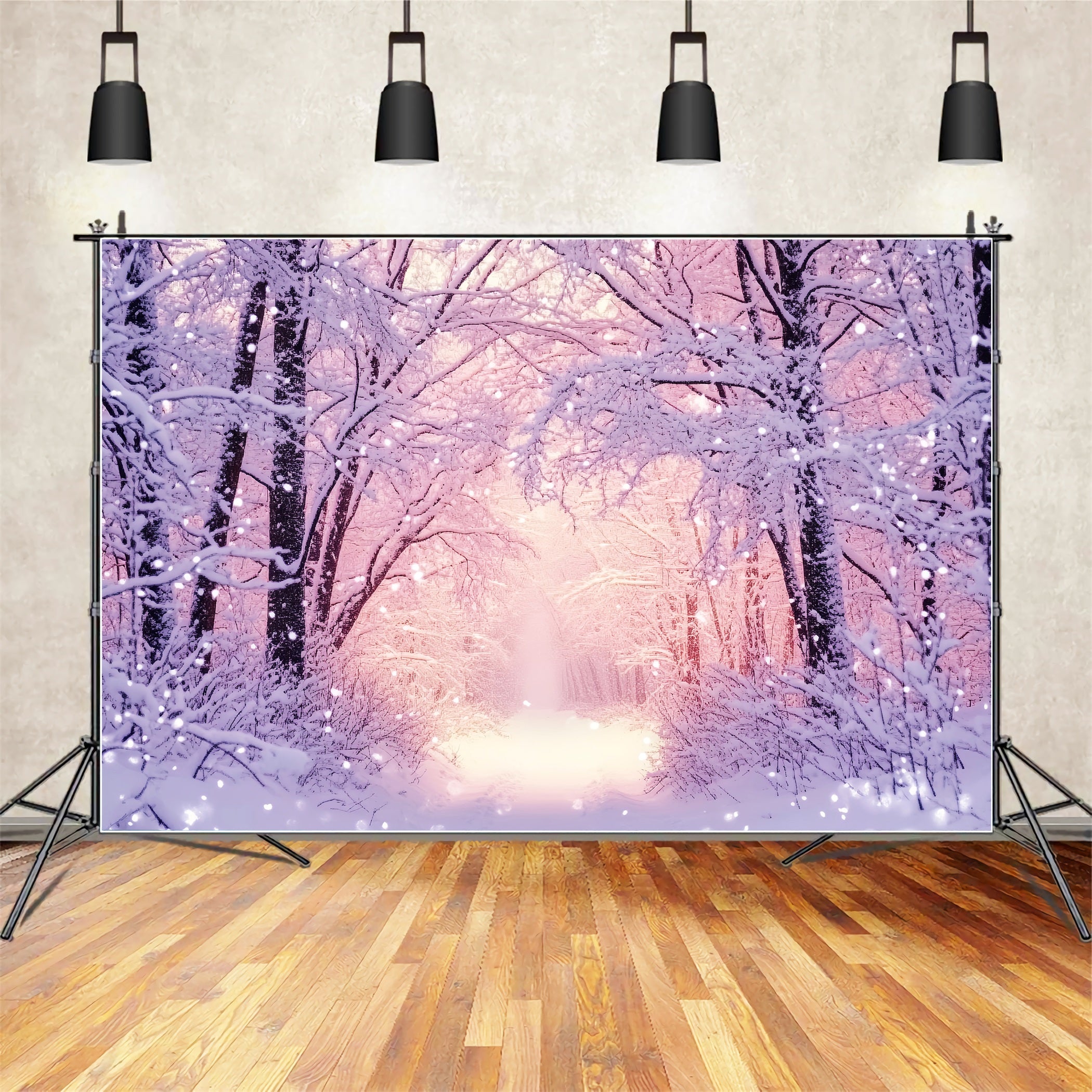 Forest Backdrop Pink Glow Snowy Forest Winter Snow Backdrop LXX58-240