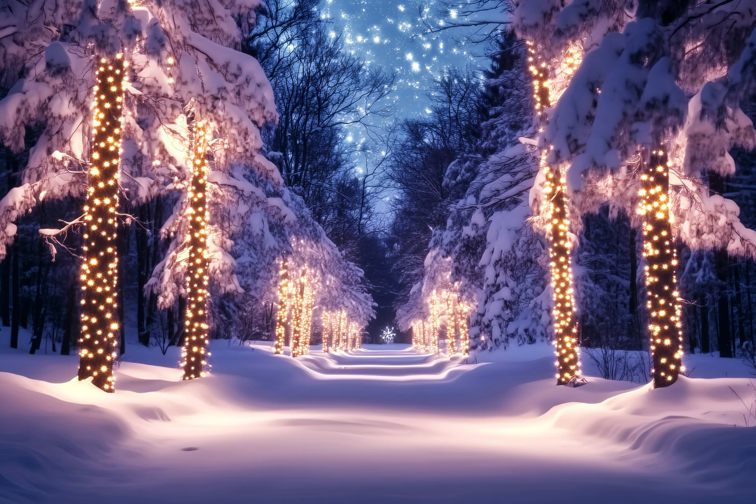 Forest Backdrop Golden Lights Snowy Pathway Winter Wonderland Backdrop LXX58-241
