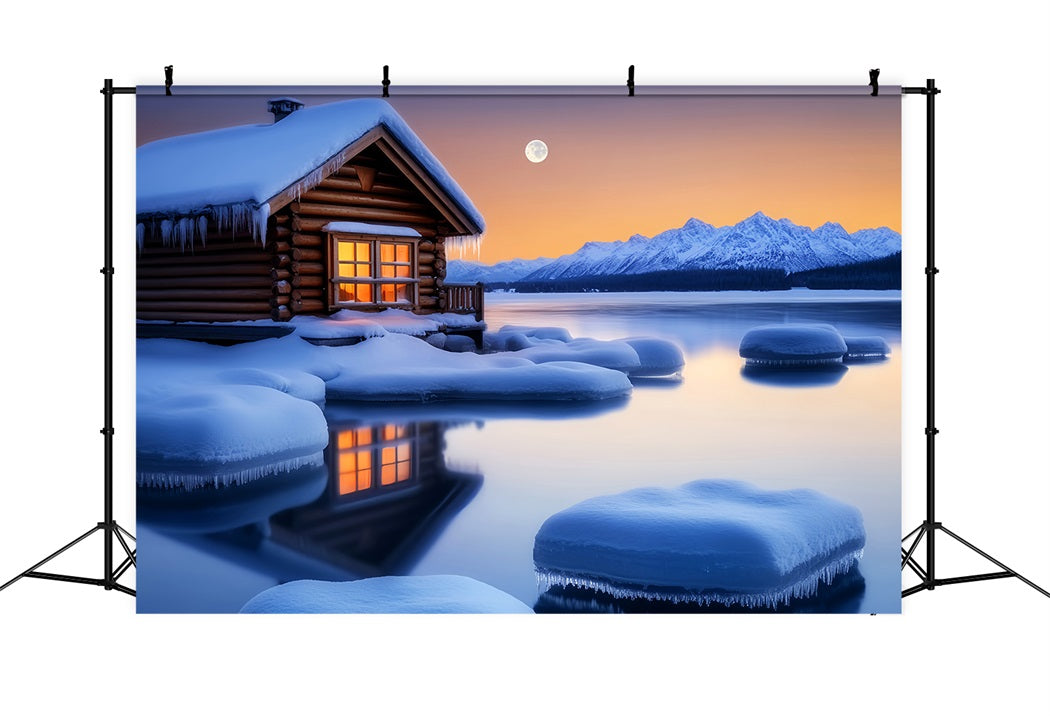 Village Backdrop Cozy Cabin Winter Moonlight Winter Scene Backdrop LXX58-243