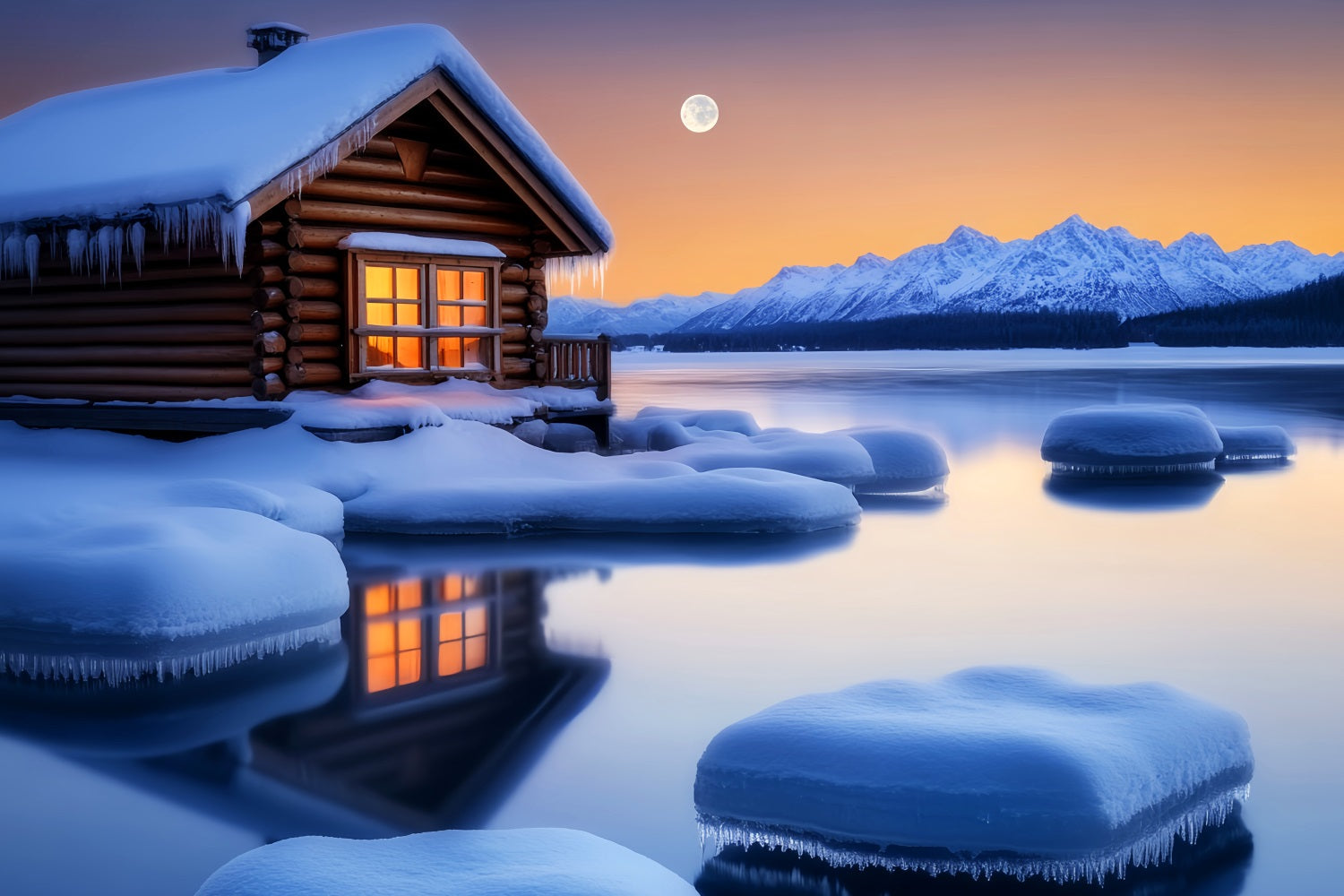 Village Backdrop Cozy Cabin Winter Moonlight Winter Scene Backdrop LXX58-243