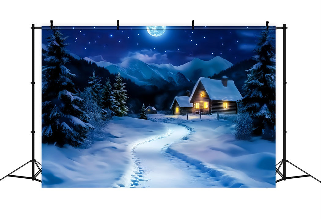 Village Backdrop Moonlit Snowy Cabin Path Winter Forest Backdrop LXX58-244