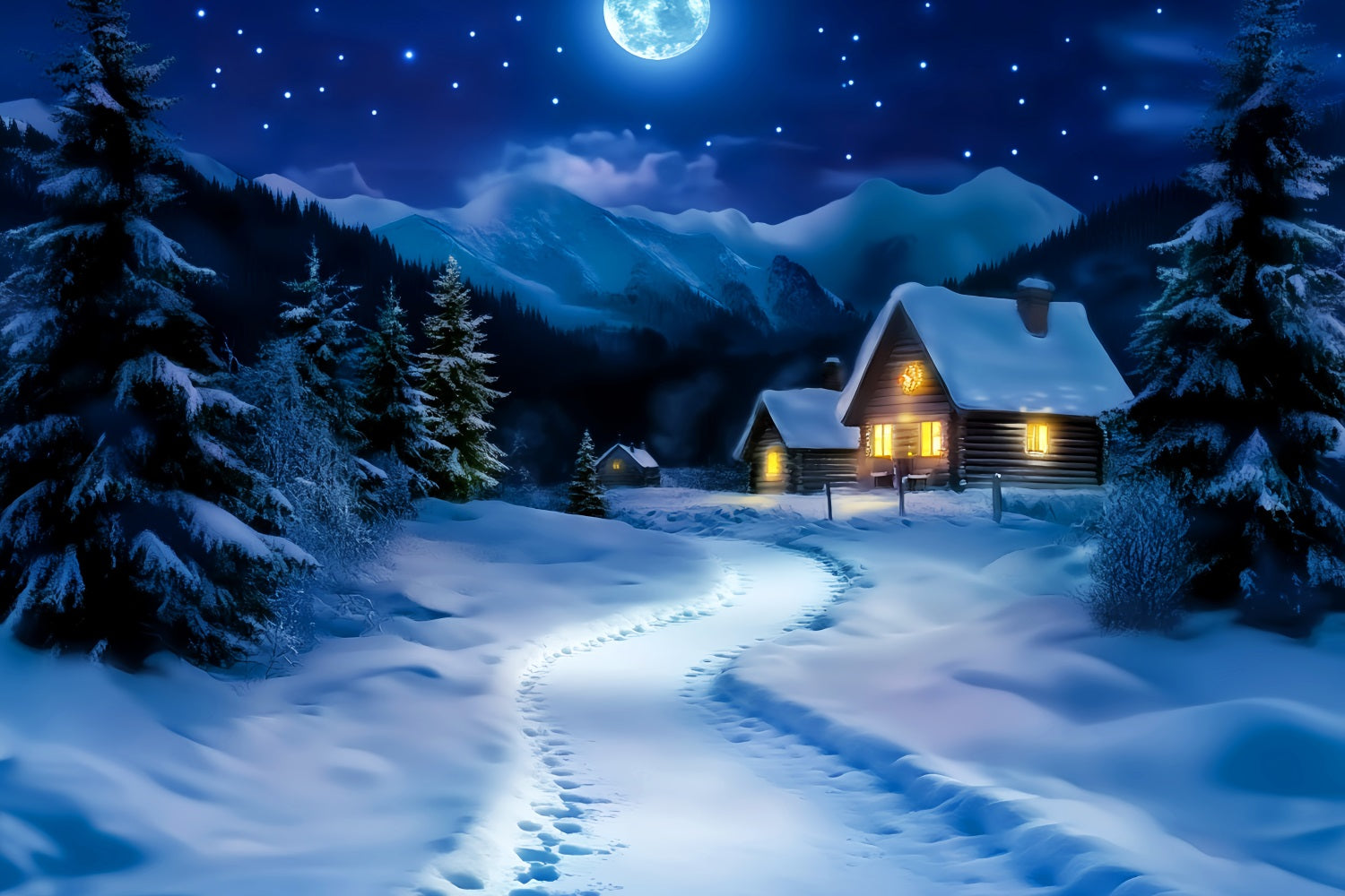 Village Backdrop Moonlit Snowy Cabin Path Winter Forest Backdrop LXX58-244