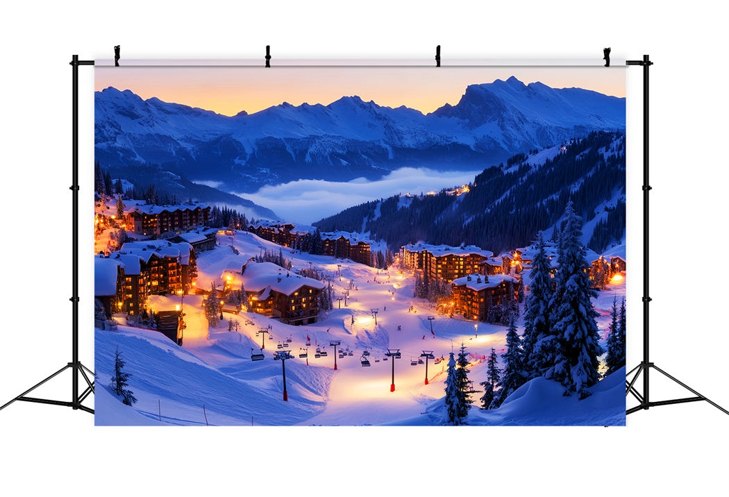 Village Backdrop Alpine Ski Village Lights Winter Backdrops LXX58-245