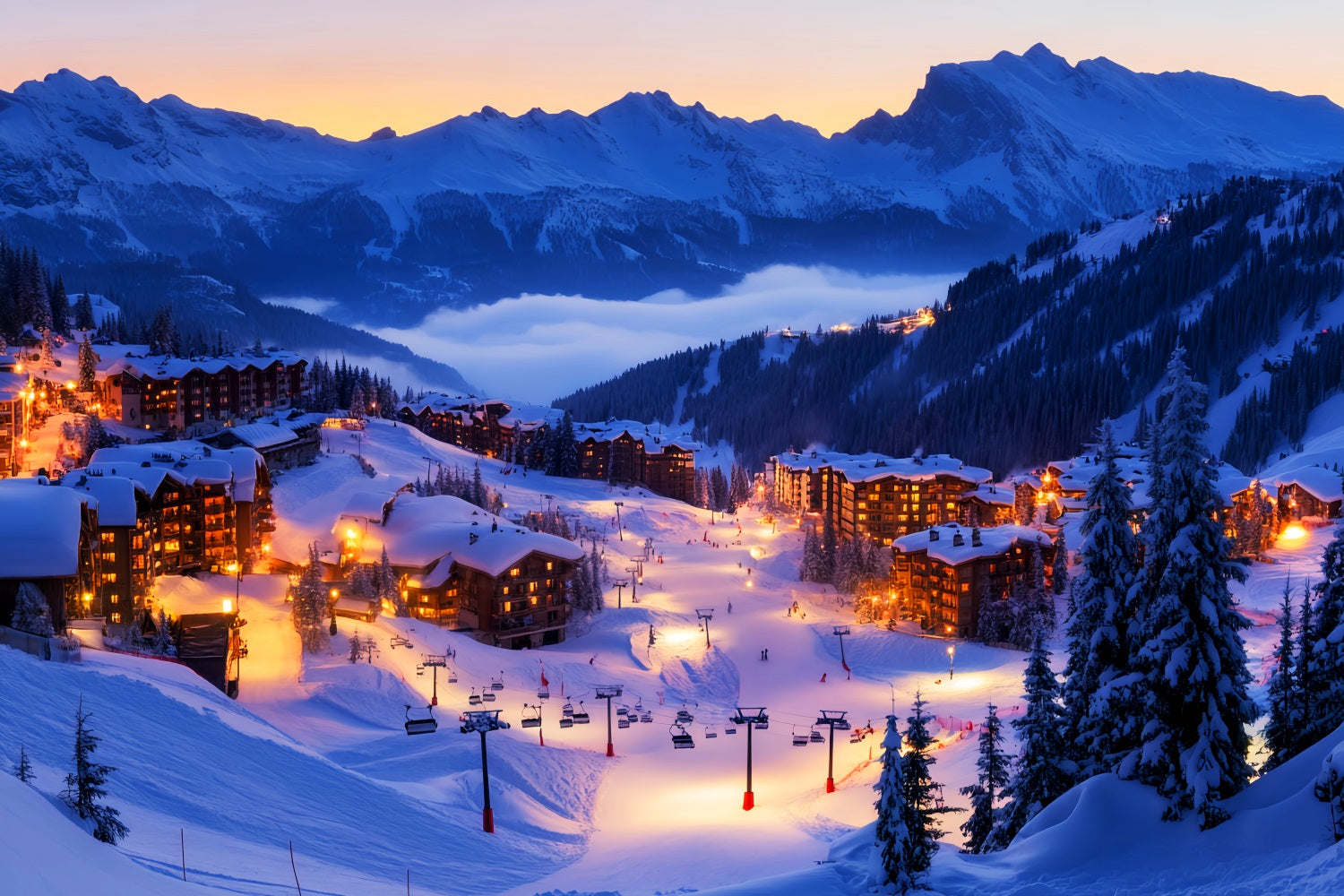 Village Backdrop Alpine Ski Village Lights Winter Backdrops LXX58-245