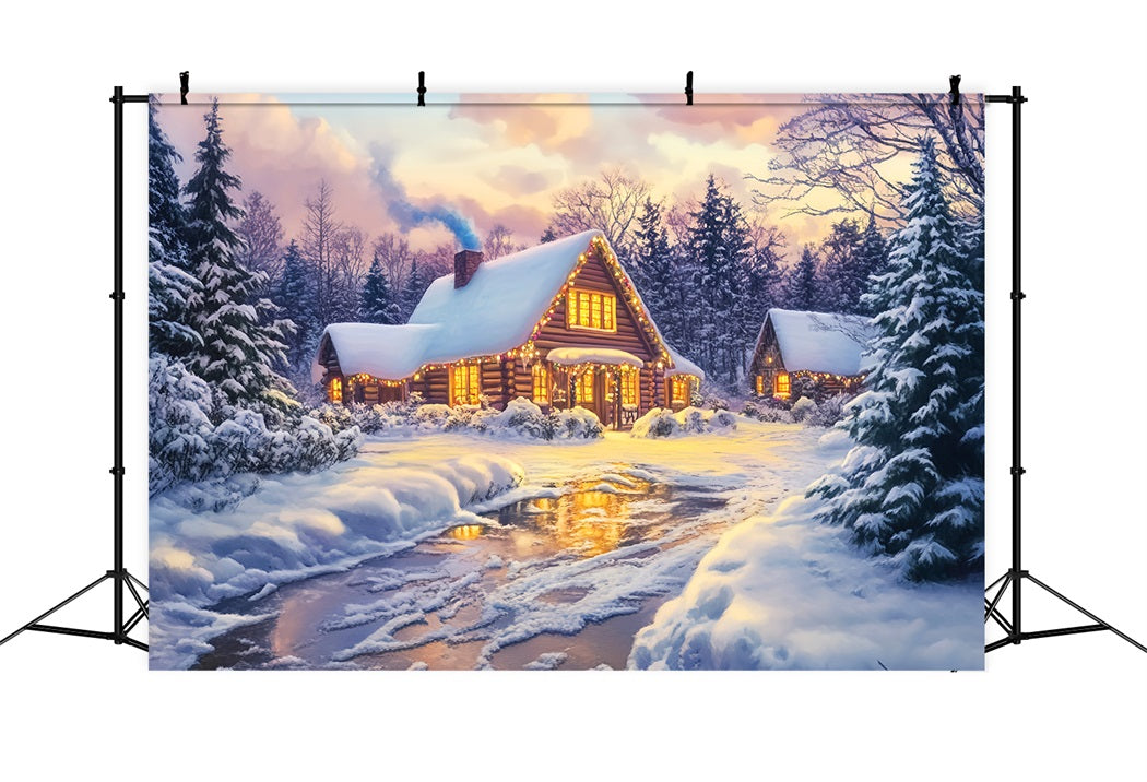 Village Backdrop Golden Glow Log Cabin Winter Photography Backdrops LXX58-246