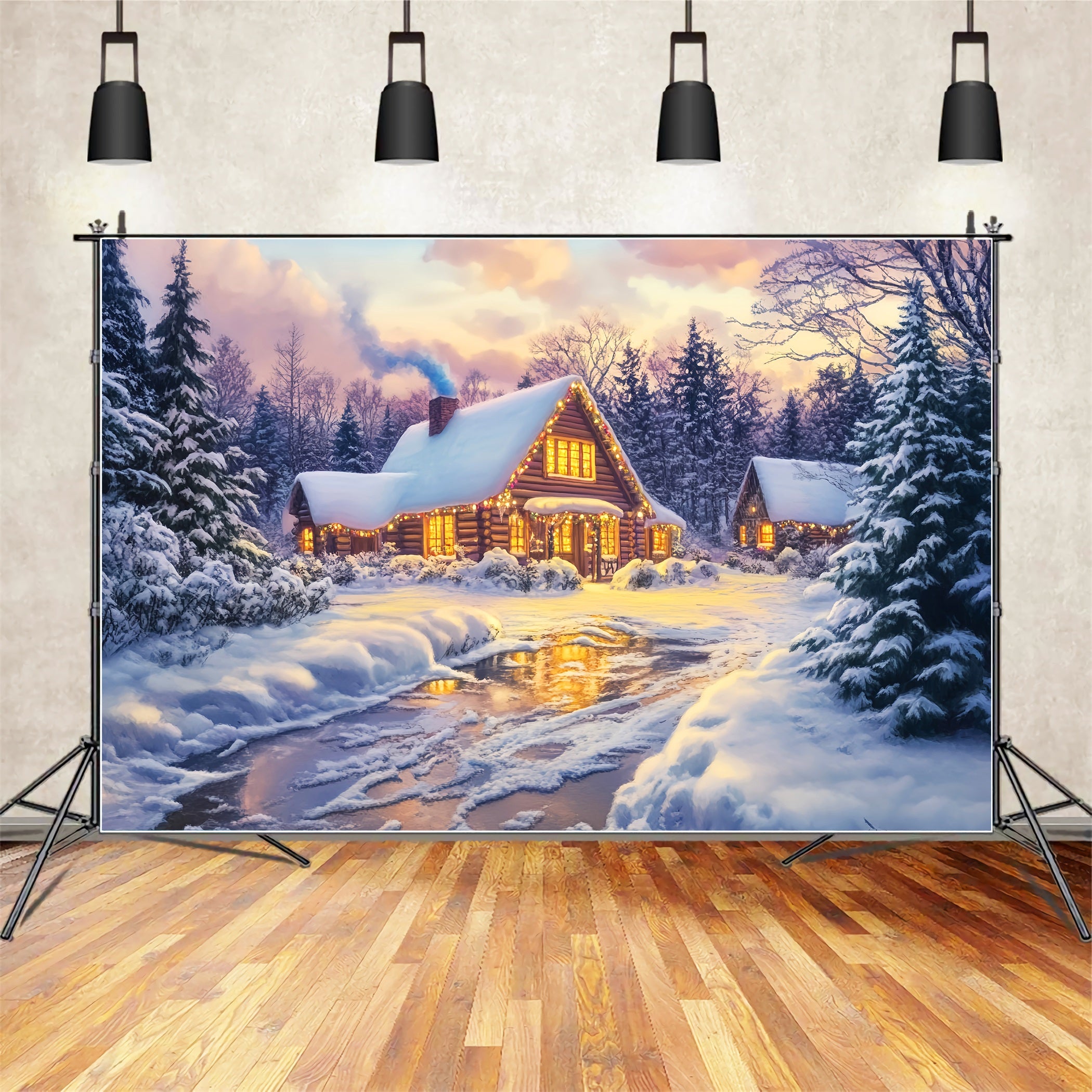 Village Backdrop Golden Glow Log Cabin Winter Photography Backdrops LXX58-246