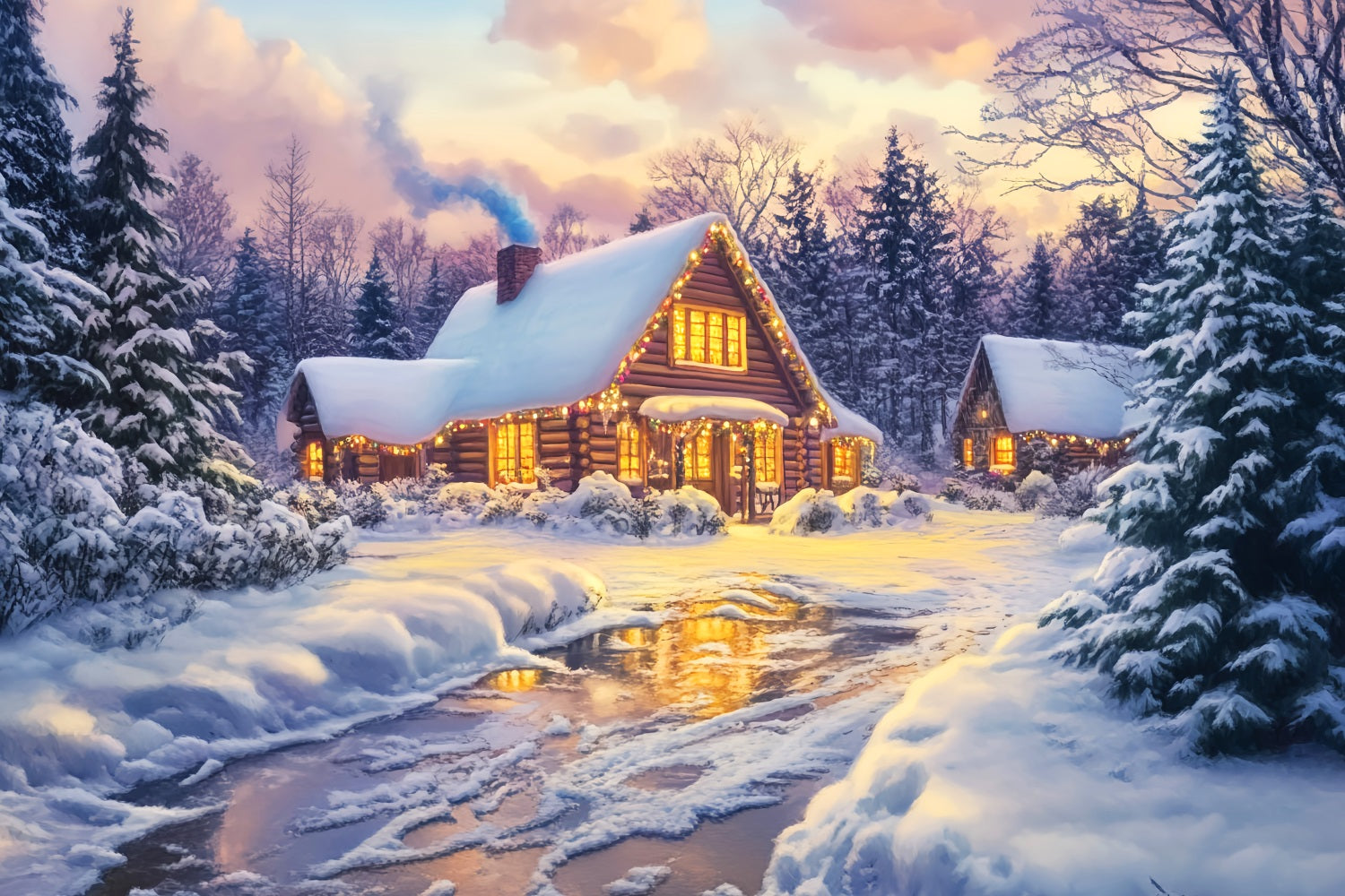 Village Backdrop Golden Glow Log Cabin Winter Photography Backdrops LXX58-246