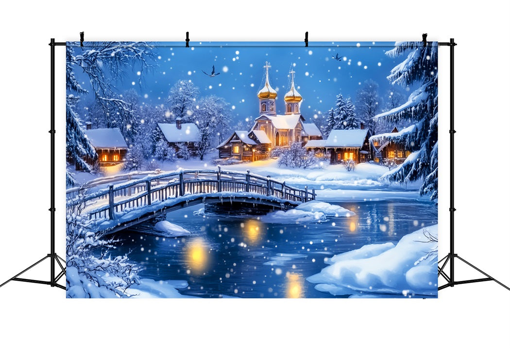 Village Backdrop Snowy Bridge Village Church Winter Wonderland Backdrops LXX58-247