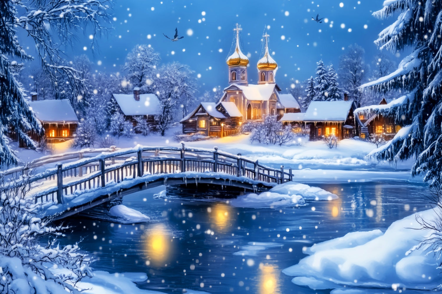 Village Backdrop Snowy Bridge Village Church Winter Wonderland Backdrops LXX58-247