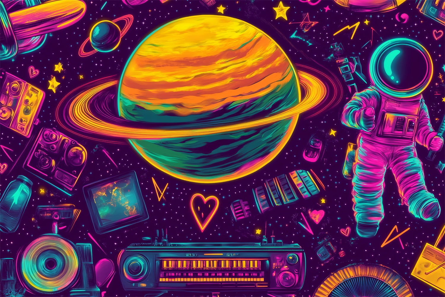 Graffiti Wall Neon Saturn Space Elements Graffiti Photo Backdrops LXX58-254