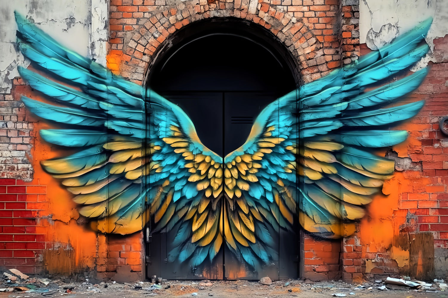 Graffiti Wall Blue Yellow Angel Wings Graffiti Backdrop Background LXX58-260