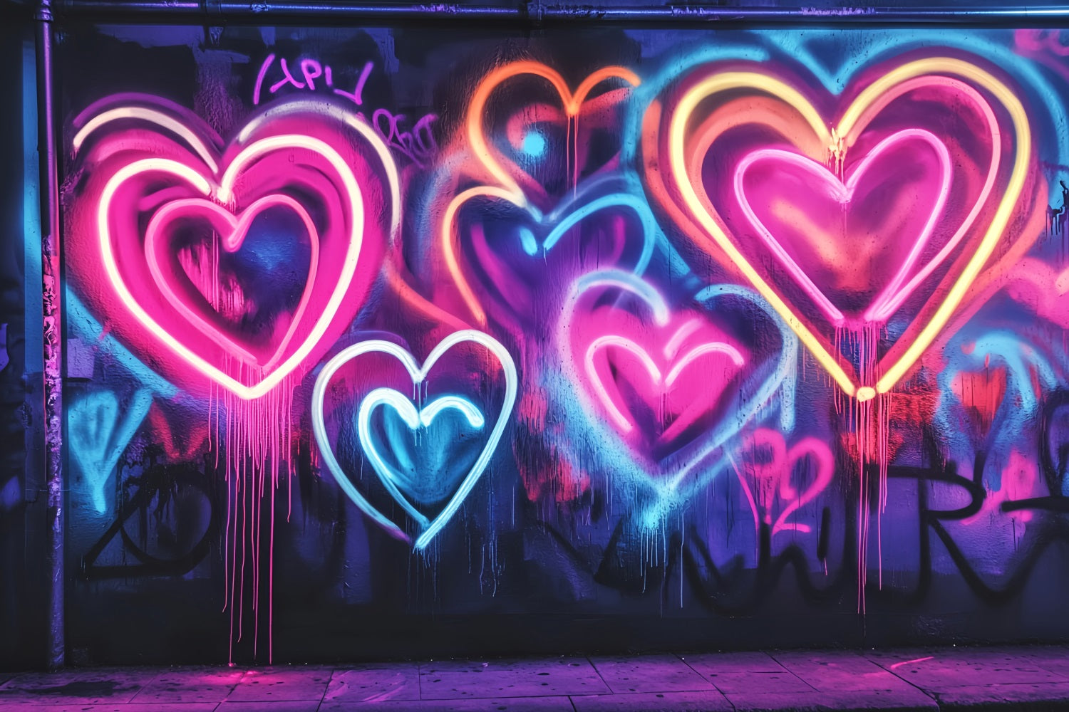Graffiti Wall Neon Glowing Heart Shapes Graffiti Photo Backdrops LXX58-262