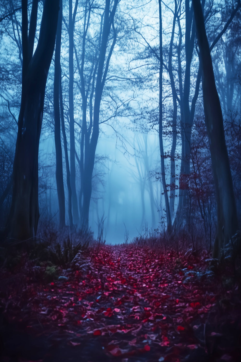 Spooky Forest Crimson Path Foggy Woods Forest Backdrop LXX58-271