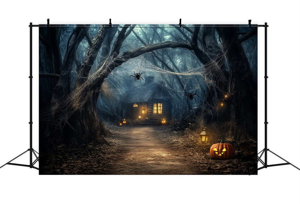 Spooky Forest Pumpkin Lantern Haunted Cabin Halloween Forest Backdrop LXX58-272