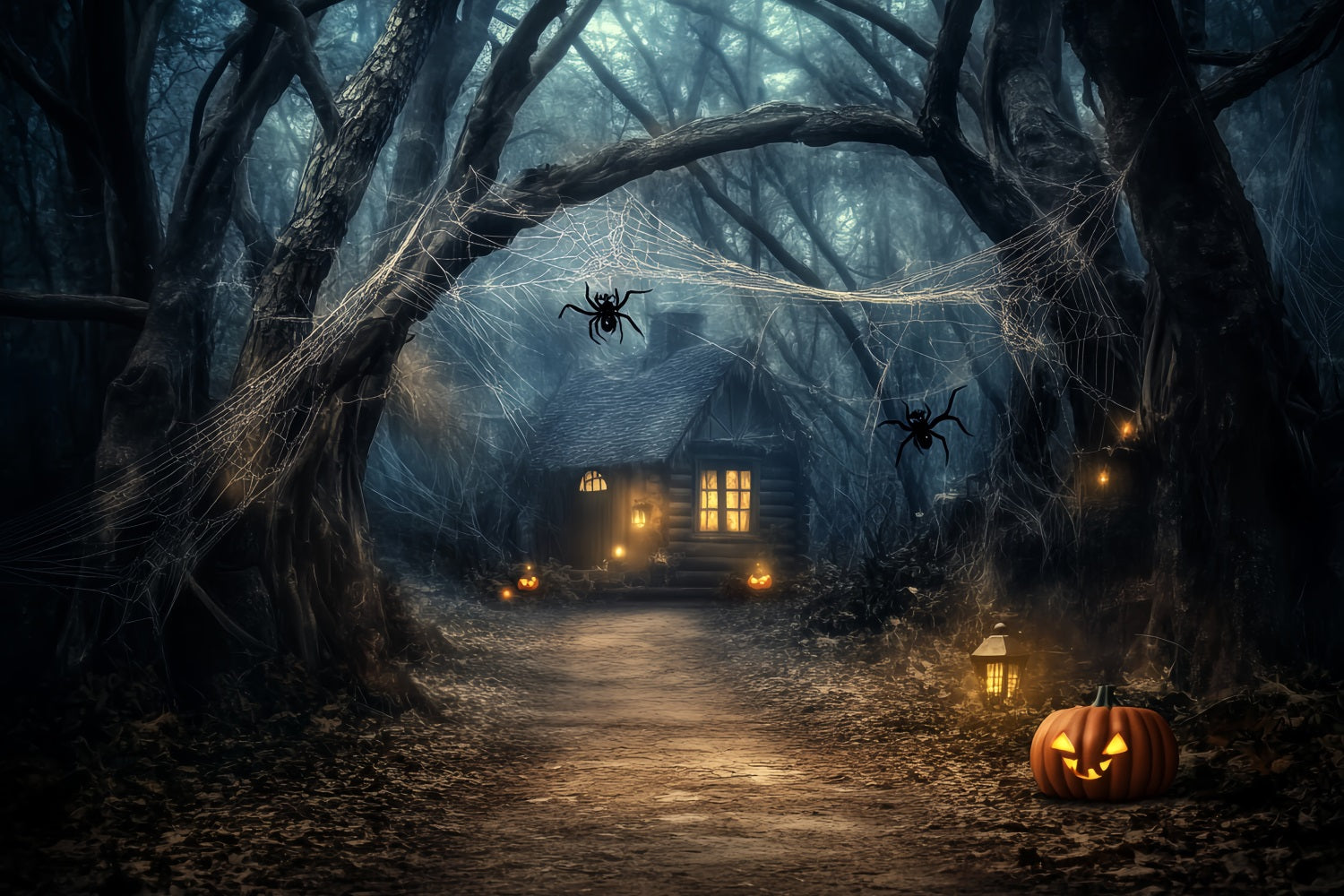 Spooky Forest Pumpkin Lantern Haunted Cabin Halloween Forest Backdrop LXX58-272