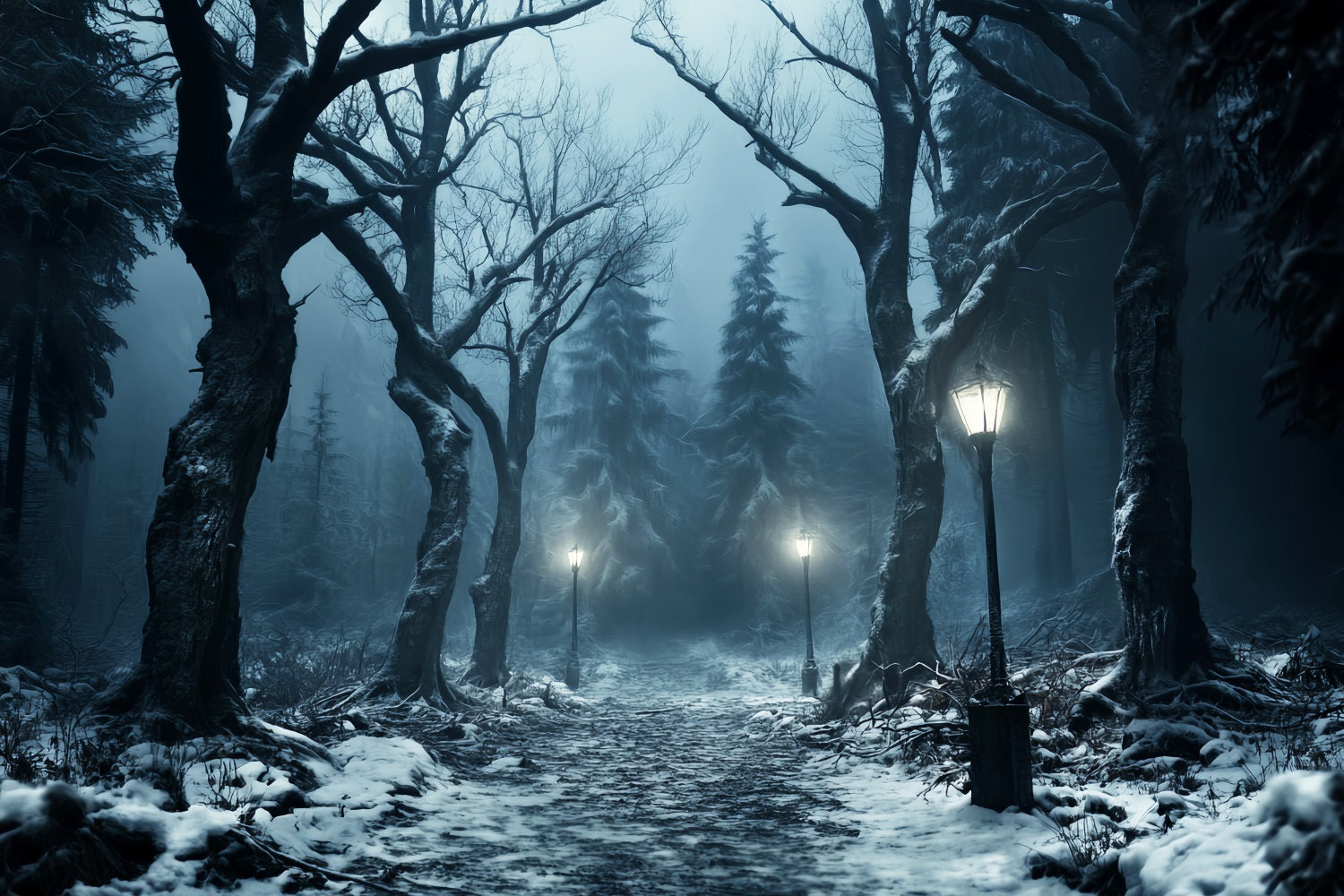 Winter Snowy Forest Snowy Path Lantern Glow Forest Backdrop LXX58-274