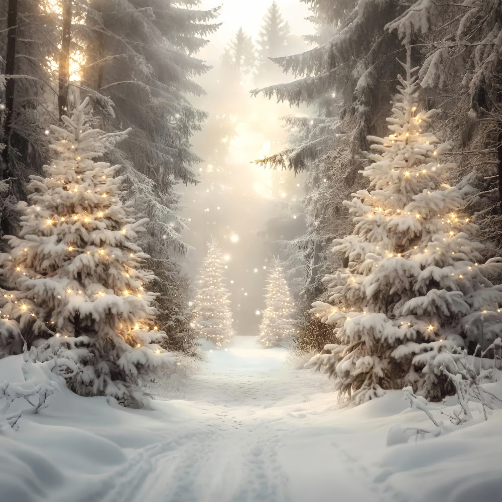 Winter Forest Golden Light Christmas Pines Snowy Forest Backdrop LXX58-275