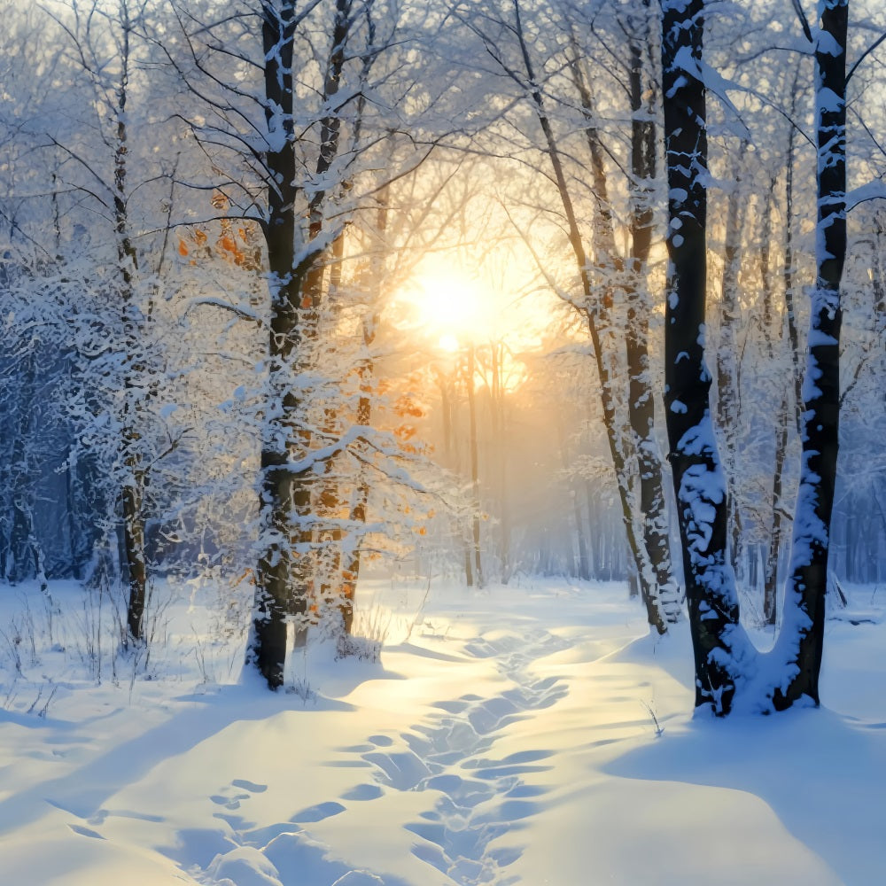 Winter Snowy Forest Golden Sunrise Snow Trail Snow Forest Backdrop LXX58-278