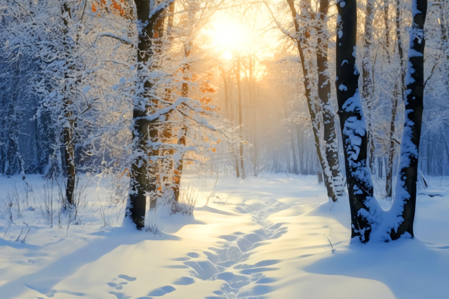 Winter Snowy Forest Golden Sunrise Snow Trail Snow Forest Backdrop LXX58-278