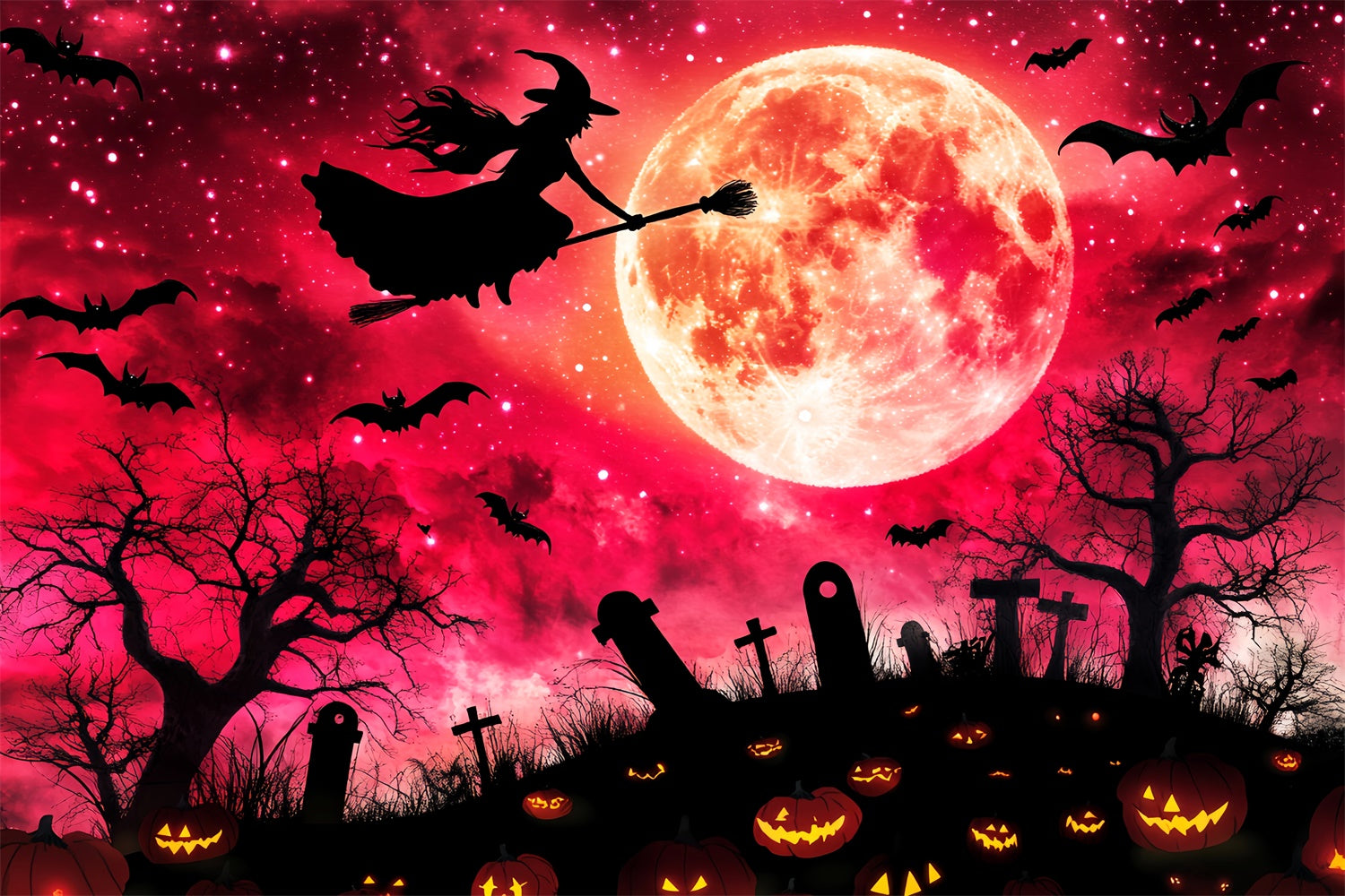 Halloween Graveyard Backdrop Blood Moon Witch Backdrop LXX58-28