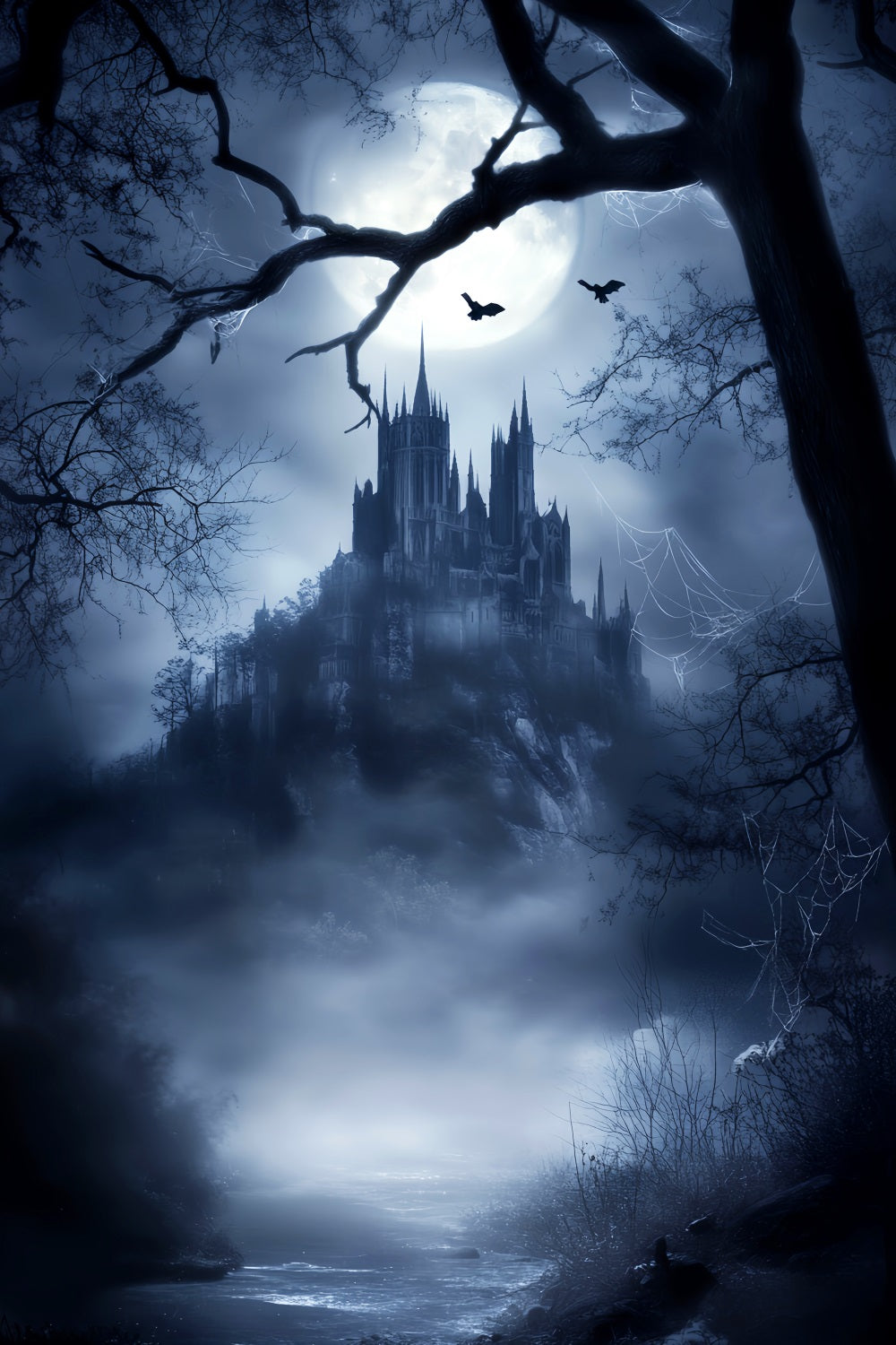 Haunted Creepy Forest Moonlit Gothic Castle Mist Dark Forest Backdrop LXX58-281