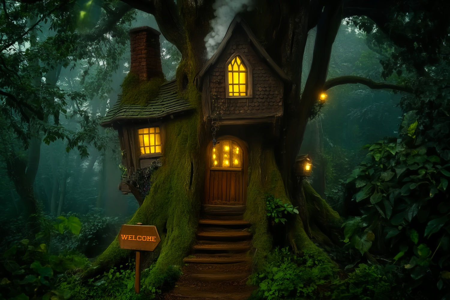 Dark Creepy Forest Whimsical Treehouse Lantern Glow Scary Forest Backdrop LXX58-283
