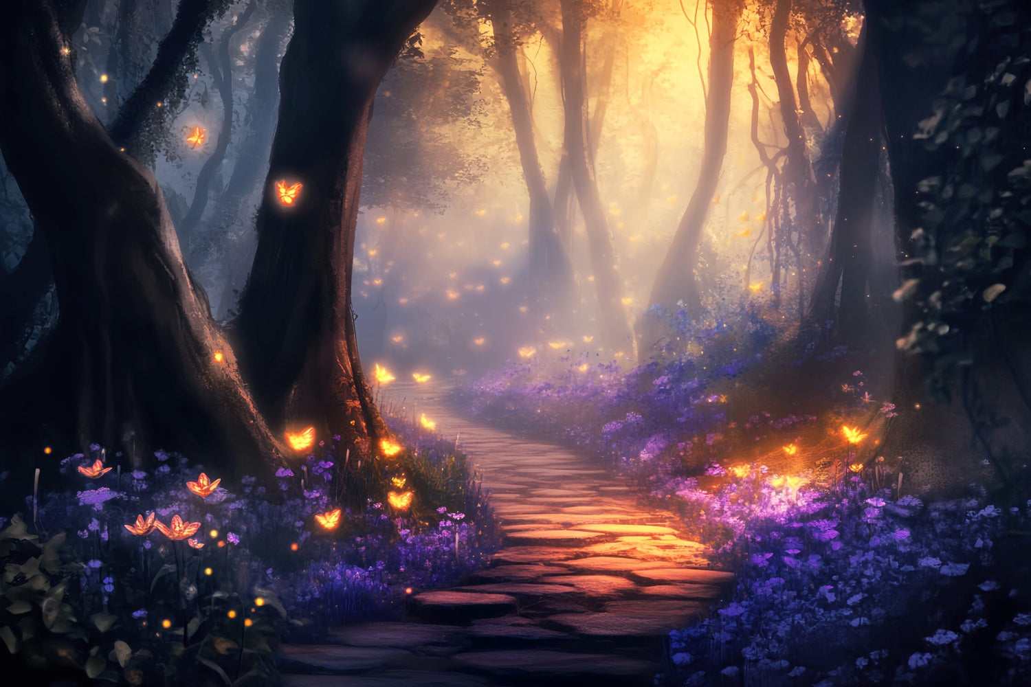 Enchanted Forest Golden Butterfly Fairy Path Magical Forest Backdrop LXX58-284