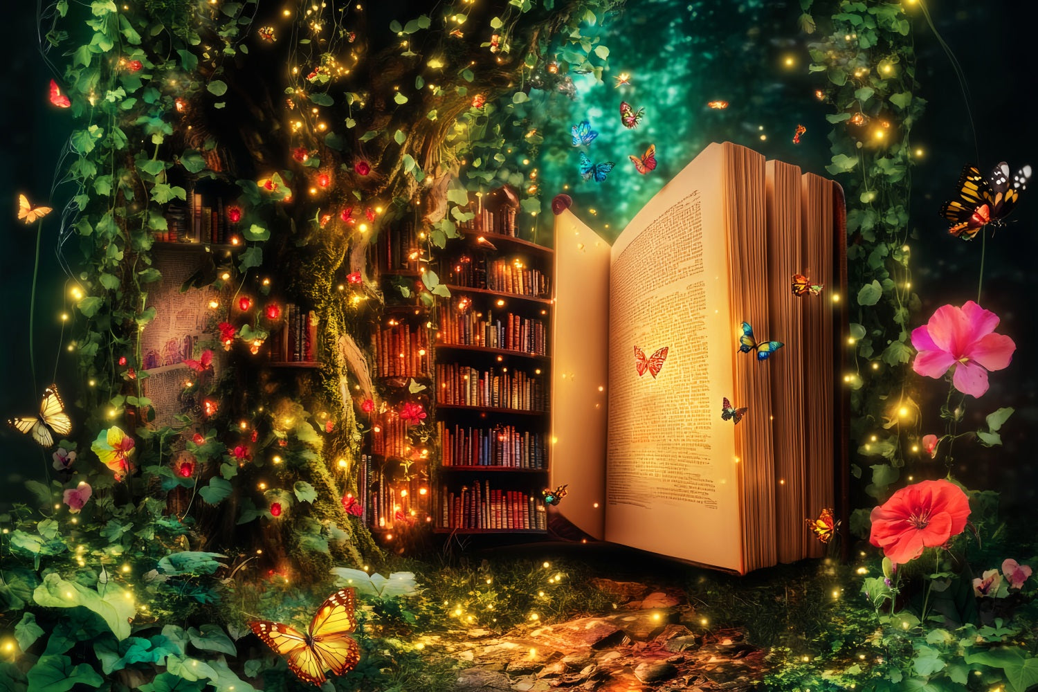 Enchanted Forest Magic Library Tree Bookshelf Photography Forest Backdrop LXX58-286