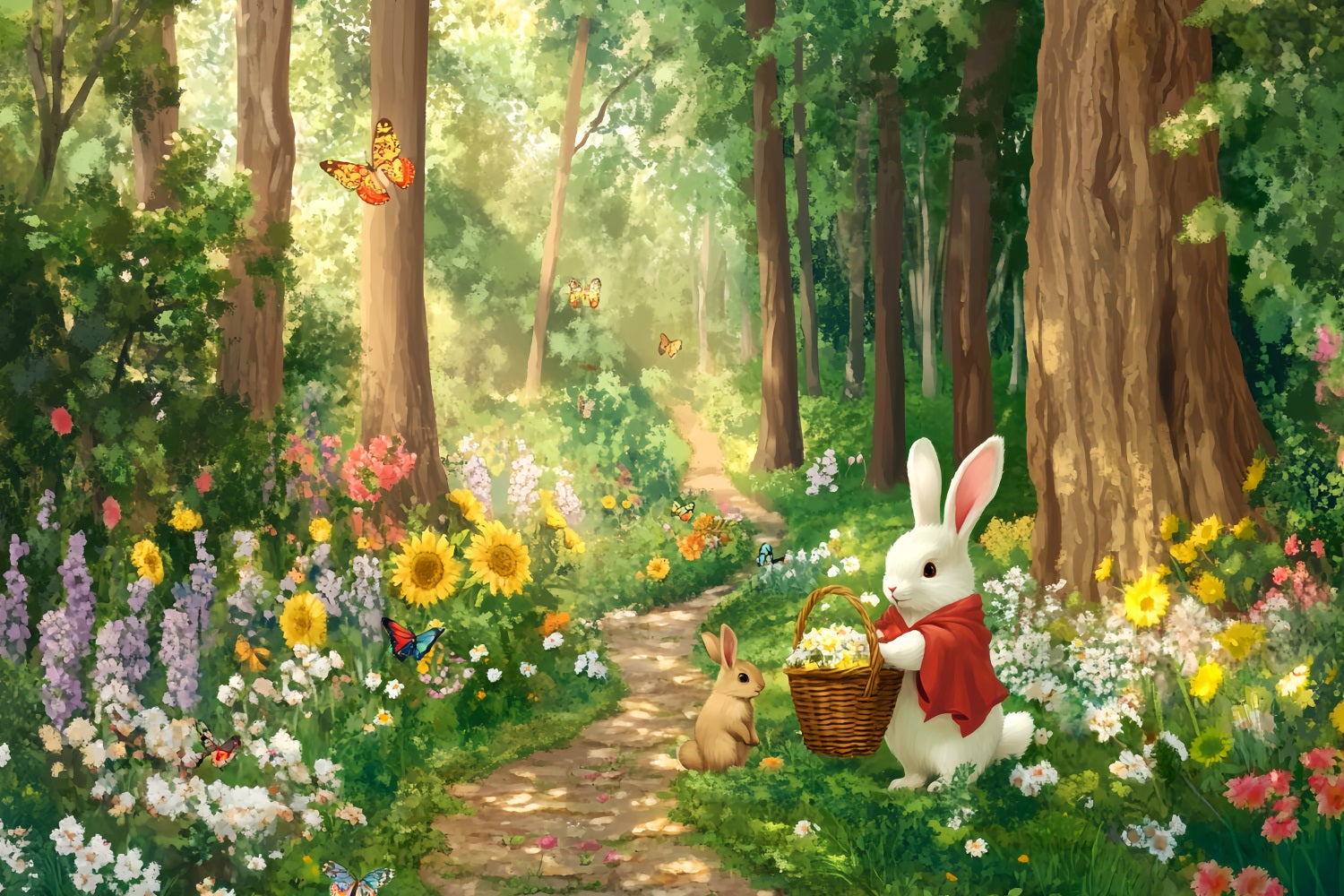 Magical Forest Sunflower Meadow Bunny Gathering Enchanted Forest Backdrop LXX58-287