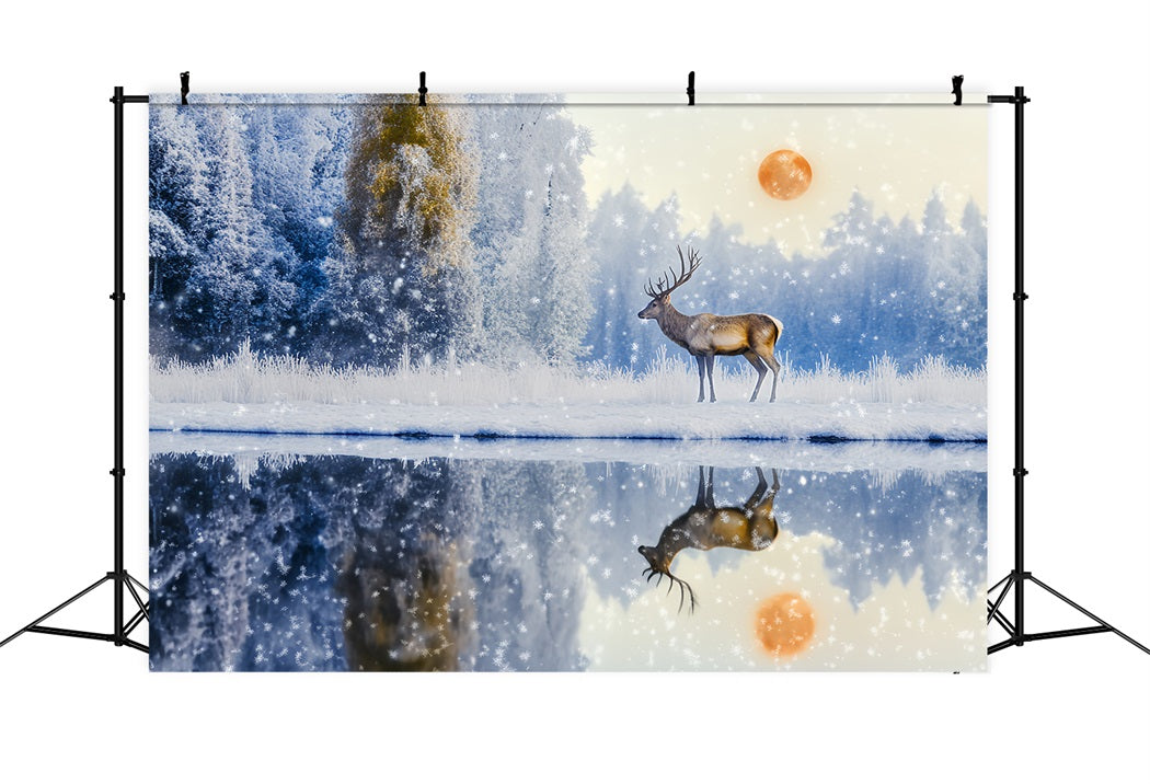 Enchanted Forest Snowfall Deer Sunrise Reflection Magical Forest Backdrop LXX58-289