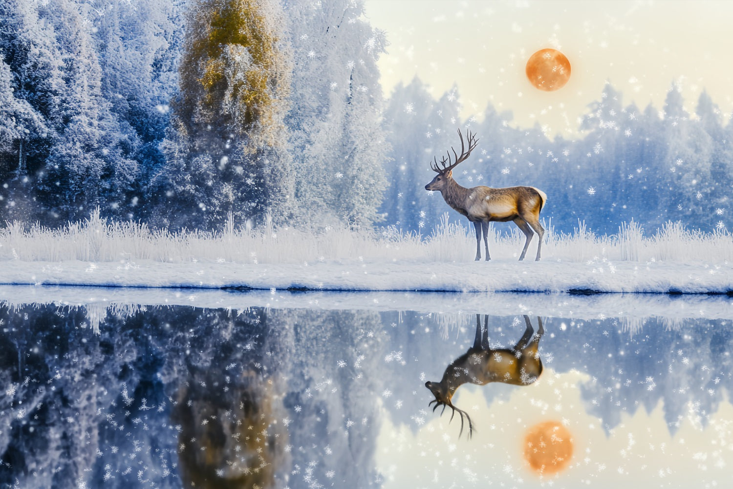 Enchanted Forest Snowfall Deer Sunrise Reflection Magical Forest Backdrop LXX58-289