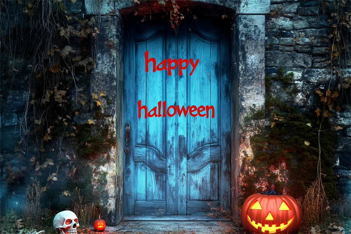 Halloween Photo Backdrops Haunted Blue Doorway Backdrop LXX58-29