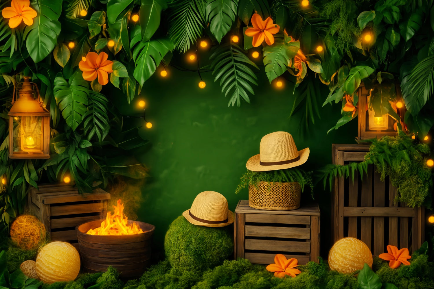 Rainforest Jungle Lantern Fire Glow Forest Photo Backdrop LXX58-293