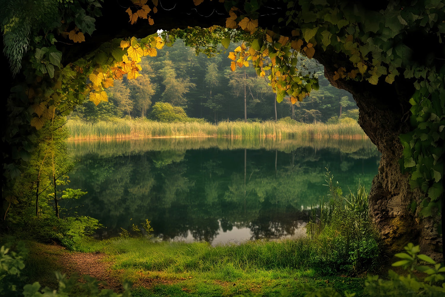 Rainforest Lakeside Cave Ivy Frame Forest Scene Backdrop LXX58-294