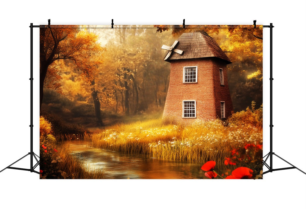 Fall Forest Autumn Windmill Golden River Fantasy Forest Backdrop LXX58-295